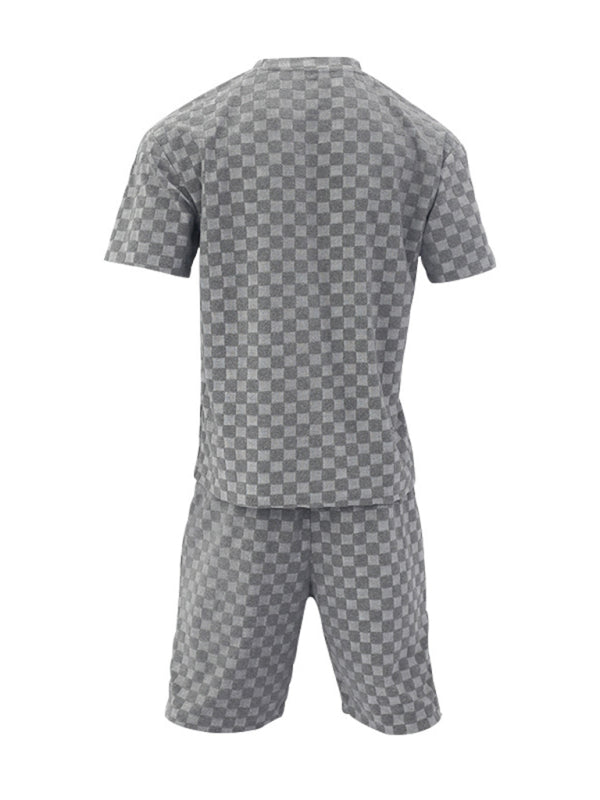 Men’s jacquard checkerboard spring and summer loose sports and leisure two-piece suit