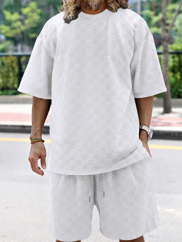 Men’s jacquard checkerboard spring and summer loose sports and leisure two-piece suit - White / S