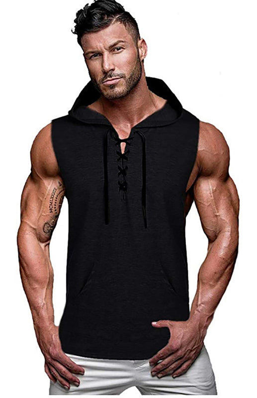 Men’s Knit Sleeveless Lace-Up Hoodie - Black / S