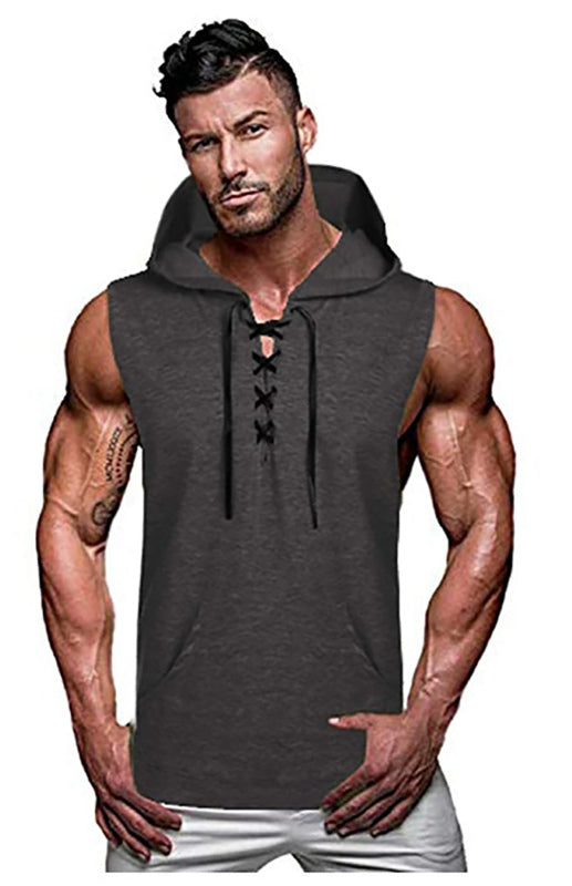 Men’s Knit Sleeveless Lace-Up Hoodie - Grey / S