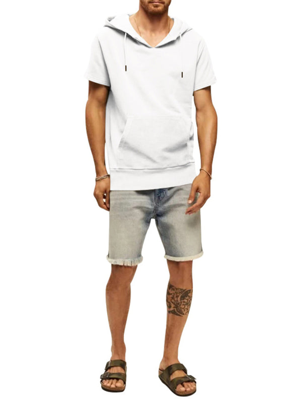Men’s knitted all-match casual hooded short-sleeved T-shirt