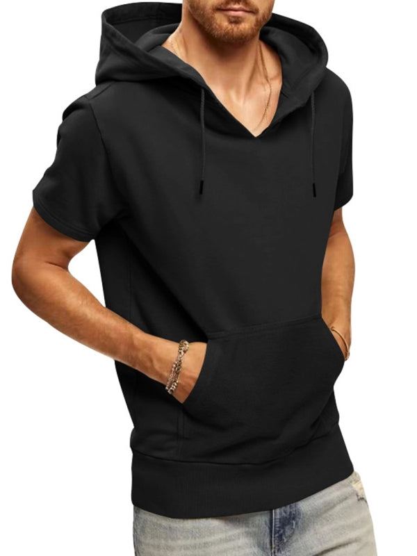 Men’s knitted all-match casual hooded short-sleeved T-shirt - Black / M