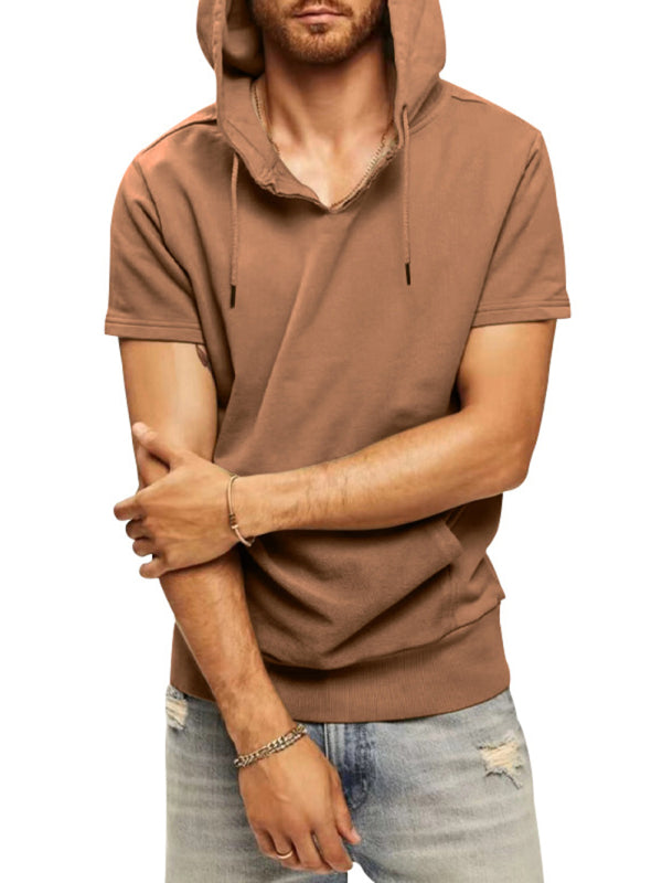 Men’s knitted all-match casual hooded short-sleeved T-shirt - Coffee / M