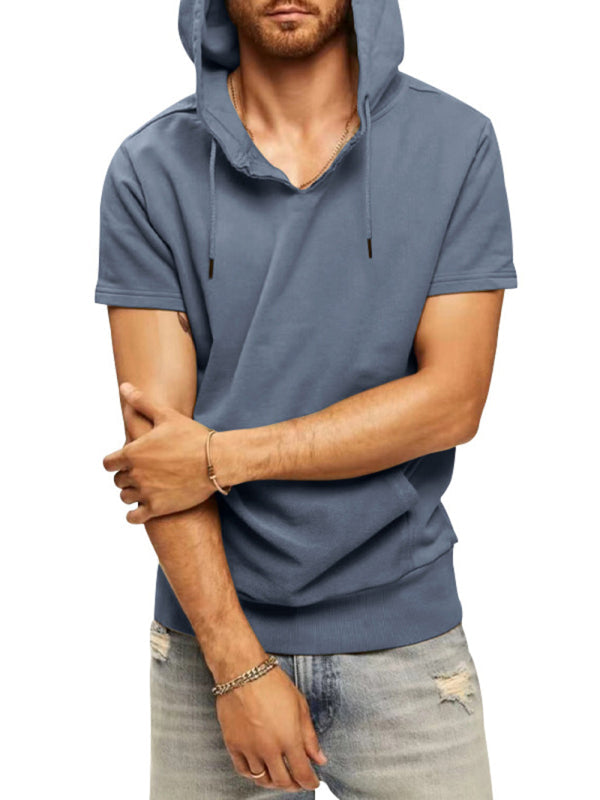 Men’s knitted all-match casual hooded short-sleeved T-shirt - Grey / M