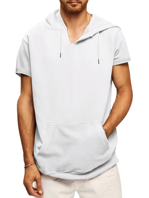 Men’s knitted all-match casual hooded short-sleeved T-shirt - White / M