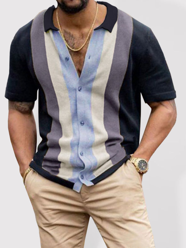 Men’s knitted casual light business color matching short-sleeved cardigan - Pattern / S