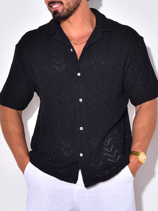 Men’s knitted short-sleeved loose T-shirt street casual tops - Black / S