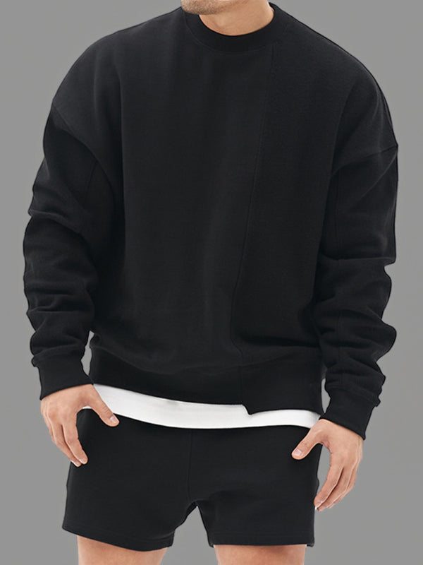 Men’s Knitted Stitching Solid Color Casual Crew Neck Sweatshirt - Black / M