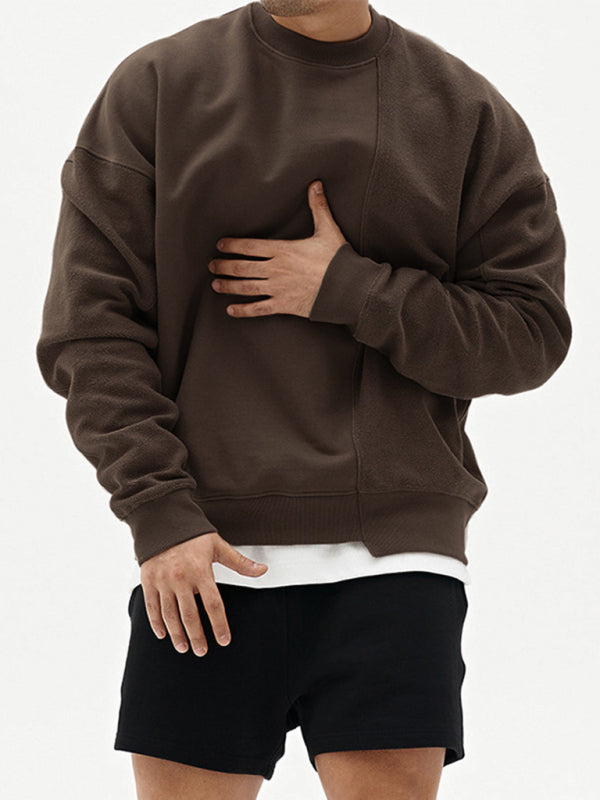Men’s Knitted Stitching Solid Color Casual Crew Neck Sweatshirt - Brown / M