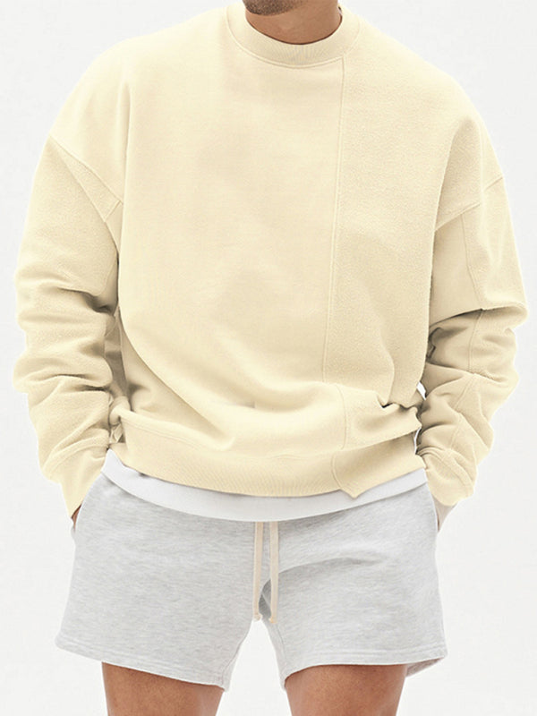 Men’s Knitted Stitching Solid Color Casual Crew Neck Sweatshirt - Cream / M