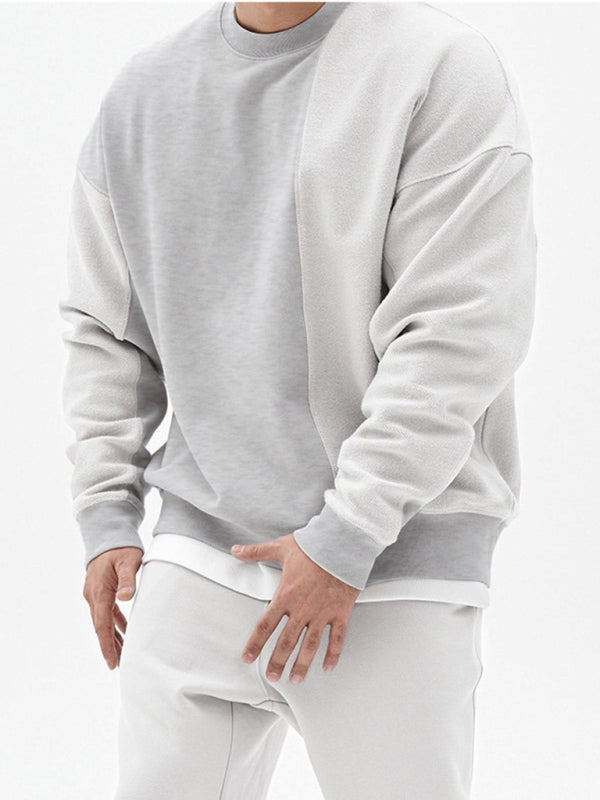 Men’s Knitted Stitching Solid Color Casual Crew Neck Sweatshirt - Grey / M