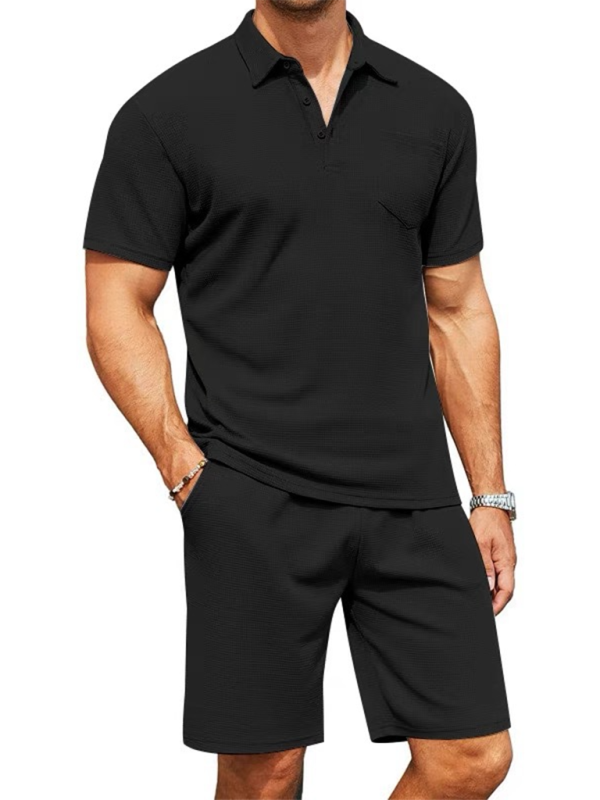 Men’s lapel polo shirt short-sleeved T-shirt pocket decoration shorts two-piece set - Black / S