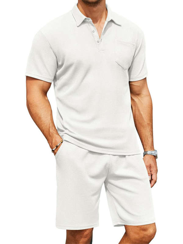 Men’s lapel polo shirt short-sleeved T-shirt pocket decoration shorts two-piece set - White / S