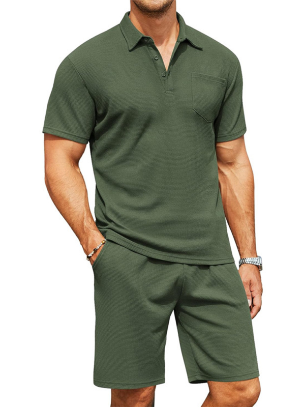 Men’s lapel polo shirt short-sleeved T-shirt pocket decoration shorts two-piece set - Olive green / S