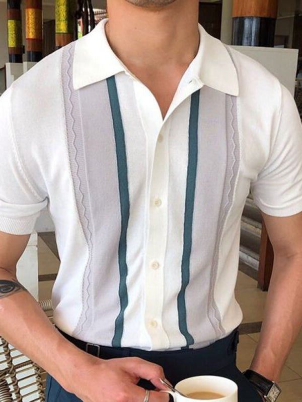 Men’s Lapel Pullover Casual Striped POLO Shirt - White / S
