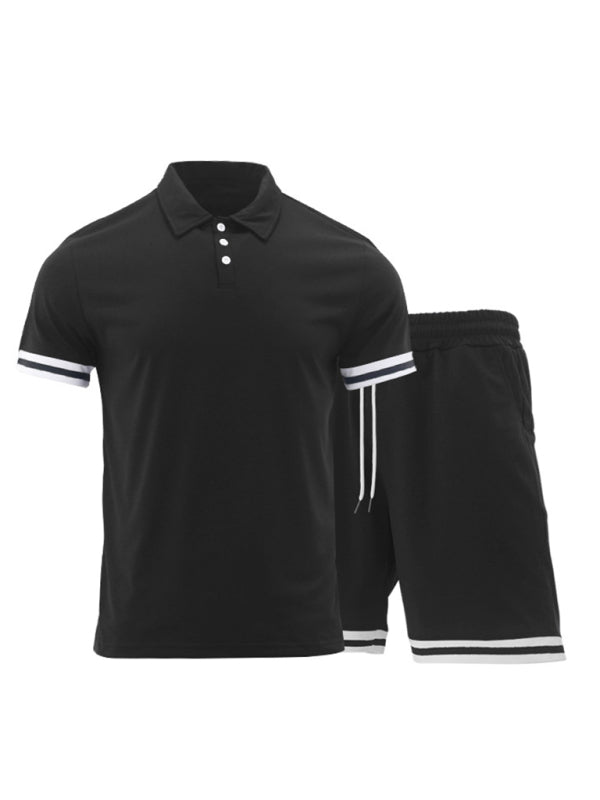 Men’s lapel short -sleeved shorts two -piece sports casual set - Black / S