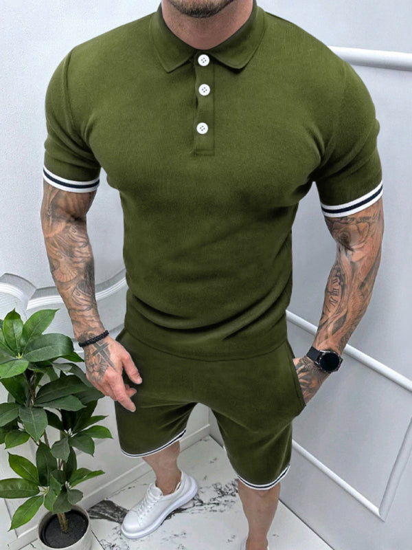 Men’s lapel short -sleeved shorts two -piece sports casual set - Green / S