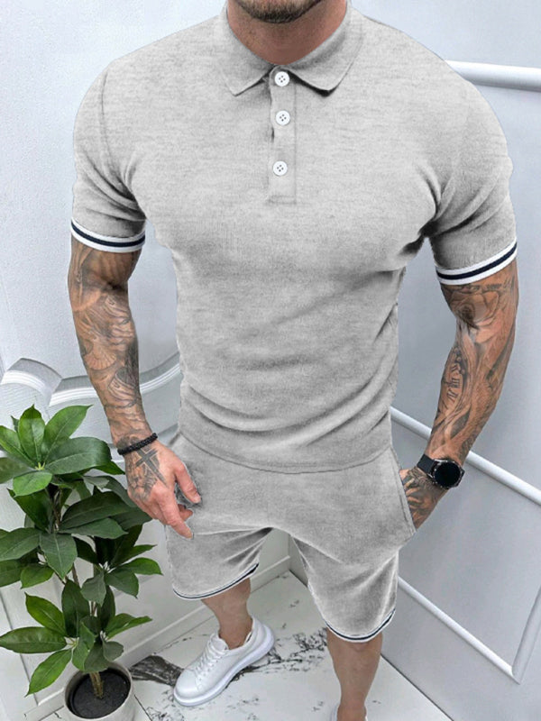 Men’s lapel short -sleeved shorts two -piece sports casual set - Misty grey / S