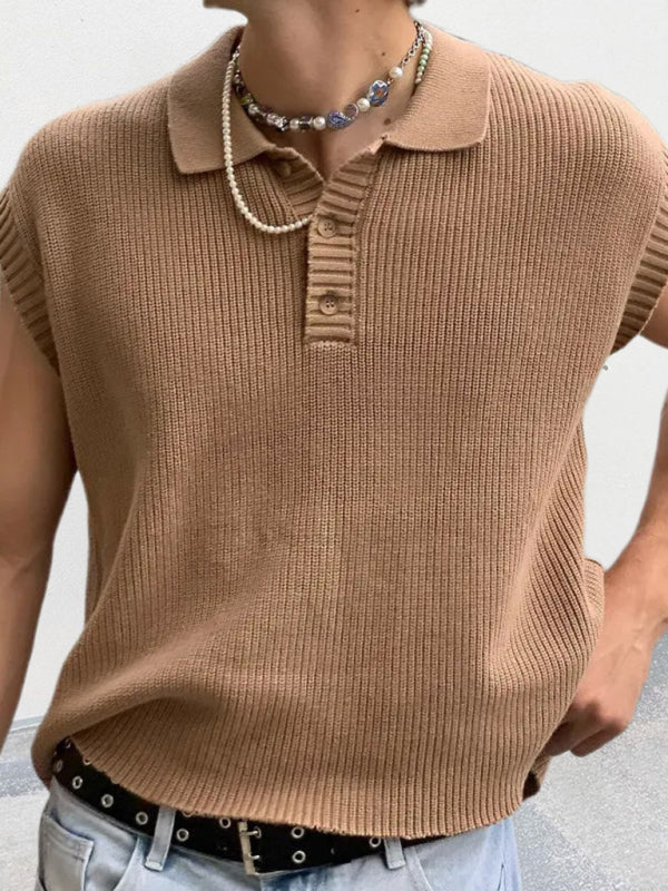 Men’s lapel solid color Polo collar knitted top - Khaki / M