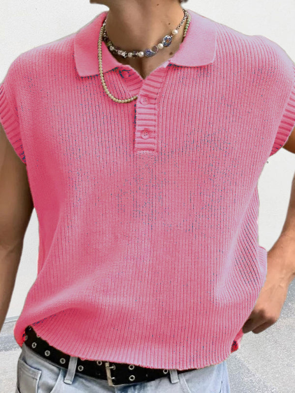 Men’s lapel solid color Polo collar knitted top - Pink / M