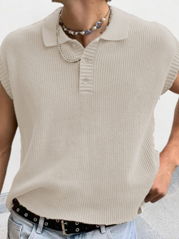 Men’s lapel solid color Polo collar knitted top - White / M