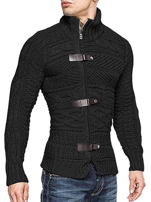 Men’s Leather Button Long Sleeve Knitted Cardigan Jacket