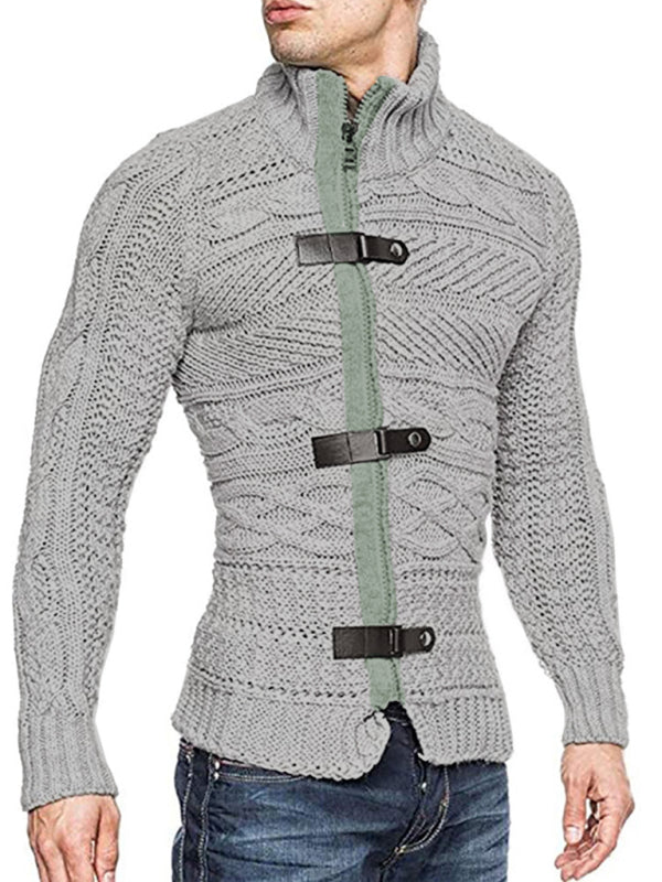 Men’s Leather Button Long Sleeve Knitted Cardigan Jacket