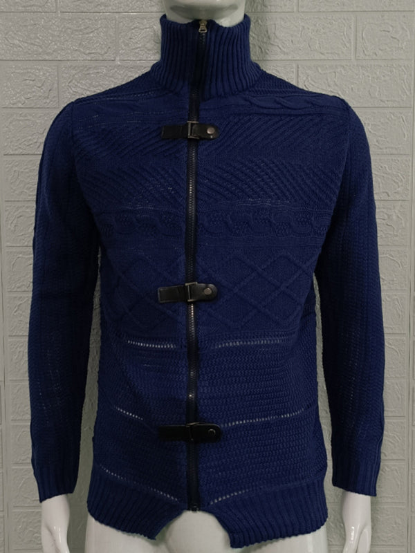 Men’s Leather Button Long Sleeve Knitted Cardigan Jacket
