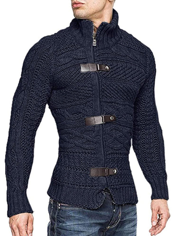 Men’s Leather Button Long Sleeve Knitted Cardigan Jacket