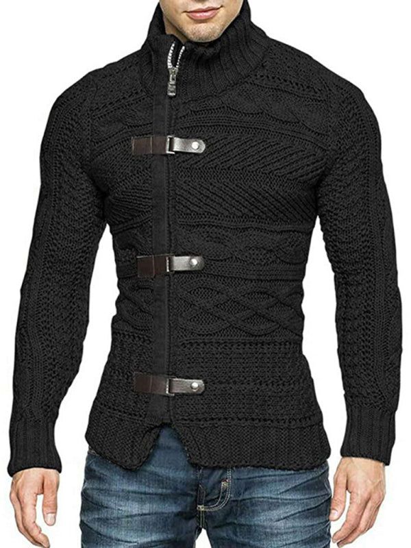 Men’s Leather Button Long Sleeve Knitted Cardigan Jacket - Black / S