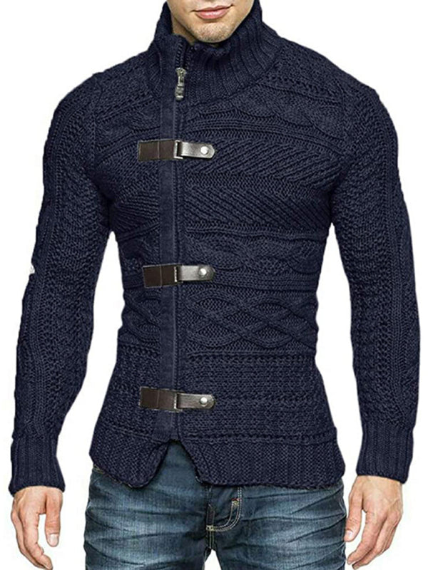 Men’s Leather Button Long Sleeve Knitted Cardigan Jacket - Blue / S