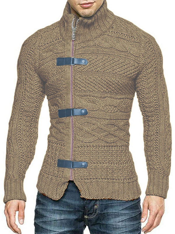 Men’s Leather Button Long Sleeve Knitted Cardigan Jacket - Brown / S