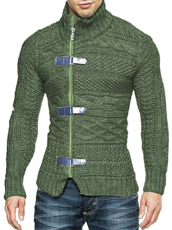 Men’s Leather Button Long Sleeve Knitted Cardigan Jacket - Green / S
