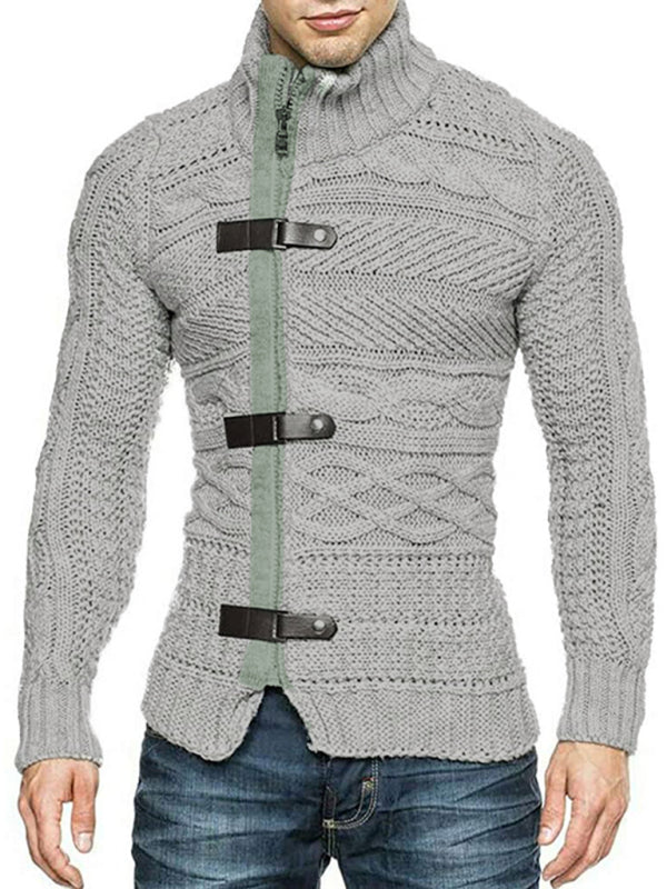 Men’s Leather Button Long Sleeve Knitted Cardigan Jacket - Grey / S