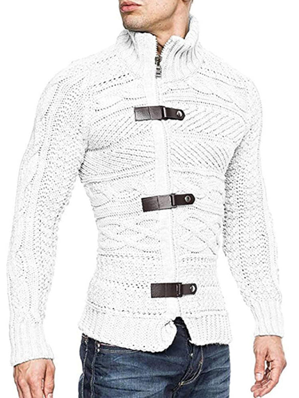 Men’s Leather Button Long Sleeve Knitted Cardigan Jacket - White / S