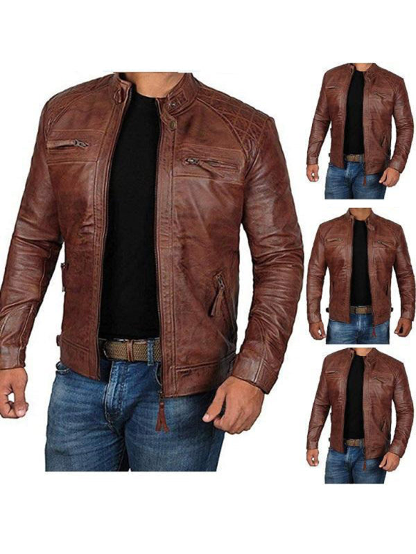 Men’s Leather Jacket Stand Collar Punk Motorcycle Leather Slim Fit Jacket