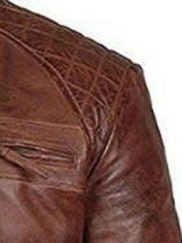 Men’s Leather Jacket Stand Collar Punk Motorcycle Leather Slim Fit Jacket
