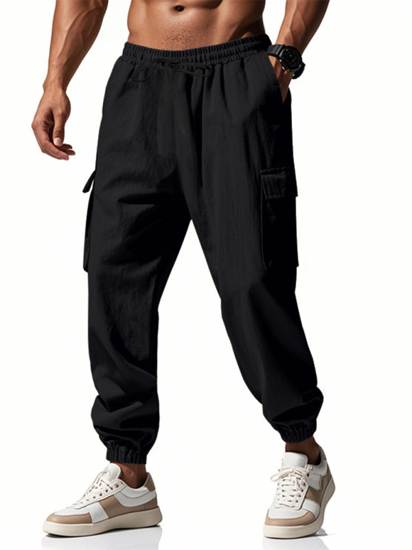 Men’s linen casual outdoor sports pants with cuffs and multi-pocket work pants - Black / S