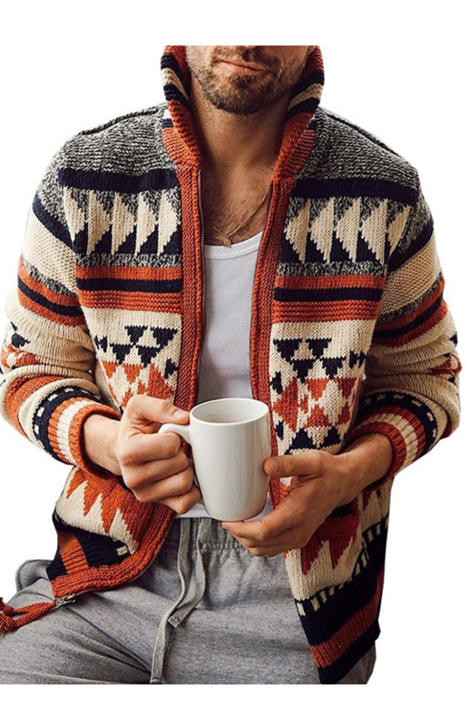 Men’s Long Sleeve Lapel Outer Sweater Embroidered Stand Collar Zip Sweater