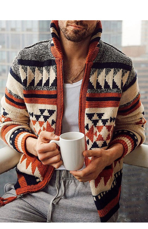 Men’s Long Sleeve Lapel Outer Sweater Embroidered Stand Collar Zip Sweater