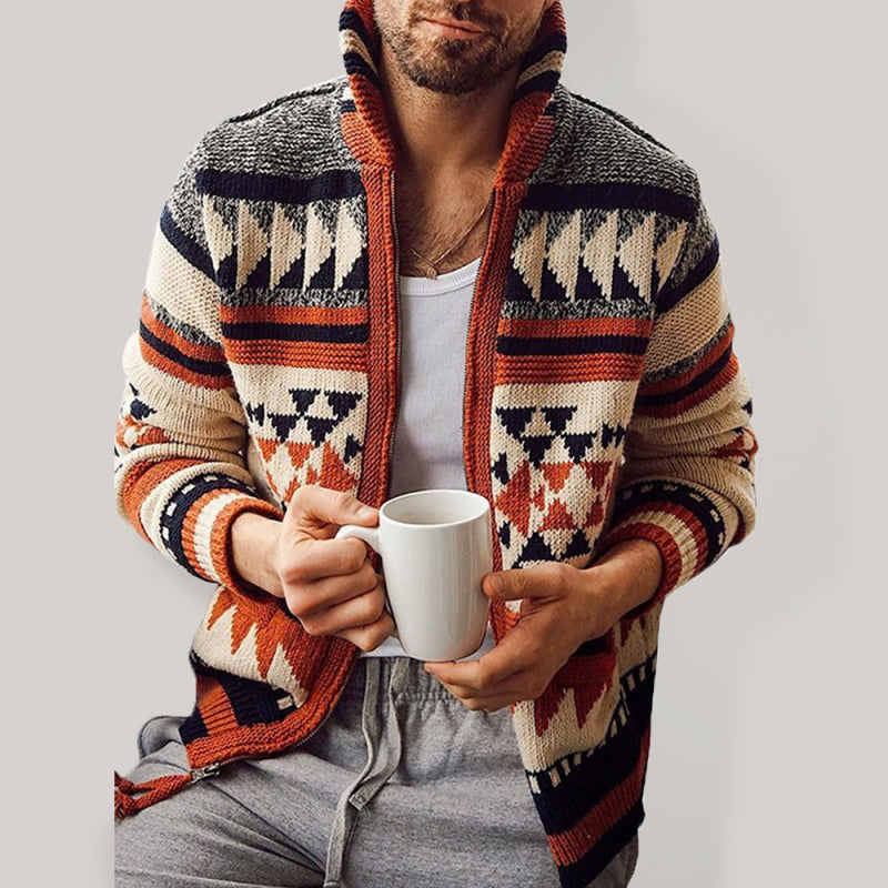 Men’s Long Sleeve Lapel Outer Sweater Embroidered Stand Collar Zip Sweater - Printing 1 / S