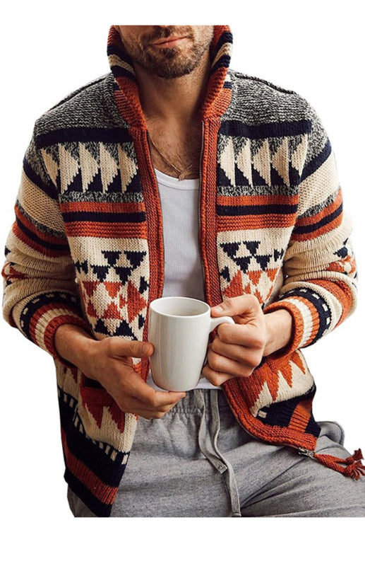 Men’s Long Sleeve Lapel Outer Sweater Embroidered Stand Collar Zip Sweater