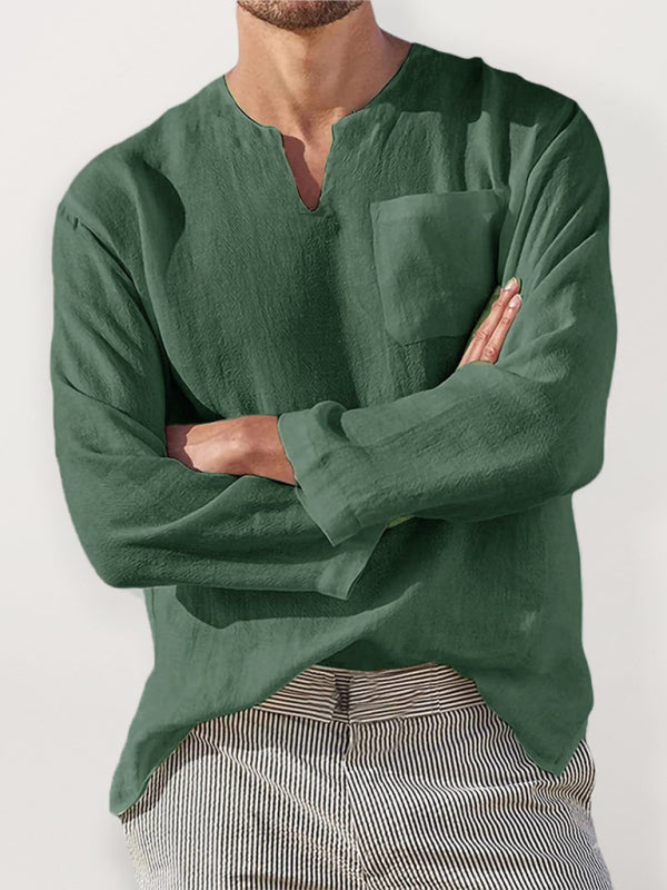 Men’s Long Sleeve V Neck Casual Beach Linen Shirt - Olive green / M