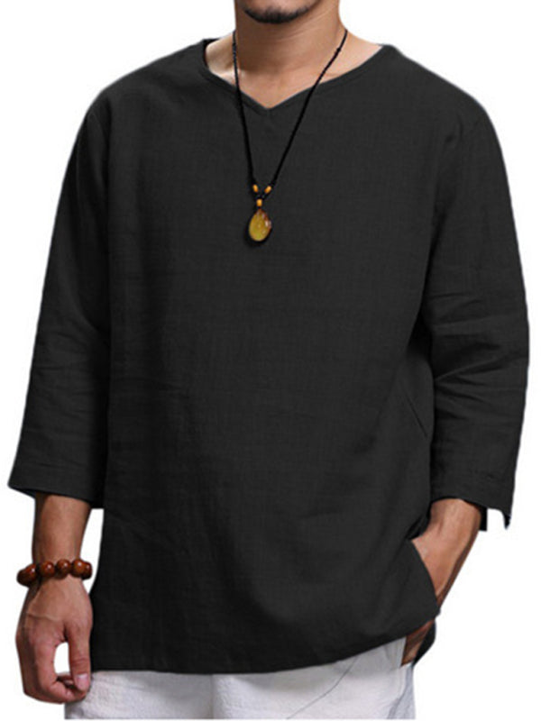 Men’s Long Sleeve V Neck Cotton Linen Loose Shirt