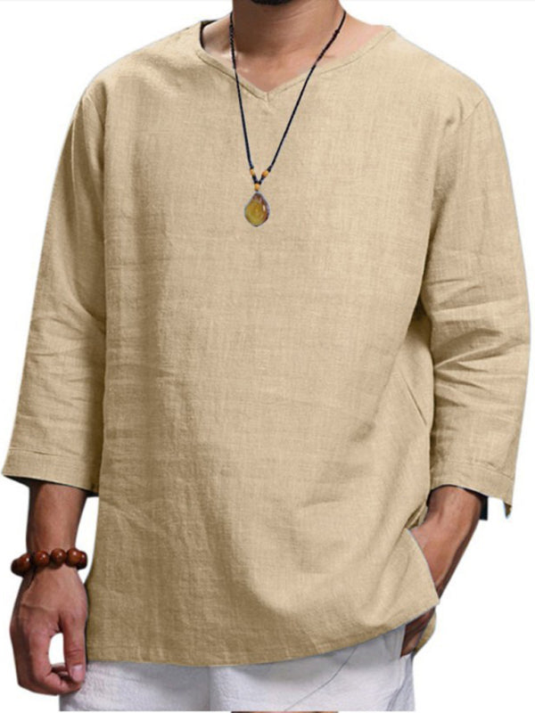Men’s Long Sleeve V Neck Cotton Linen Loose Shirt
