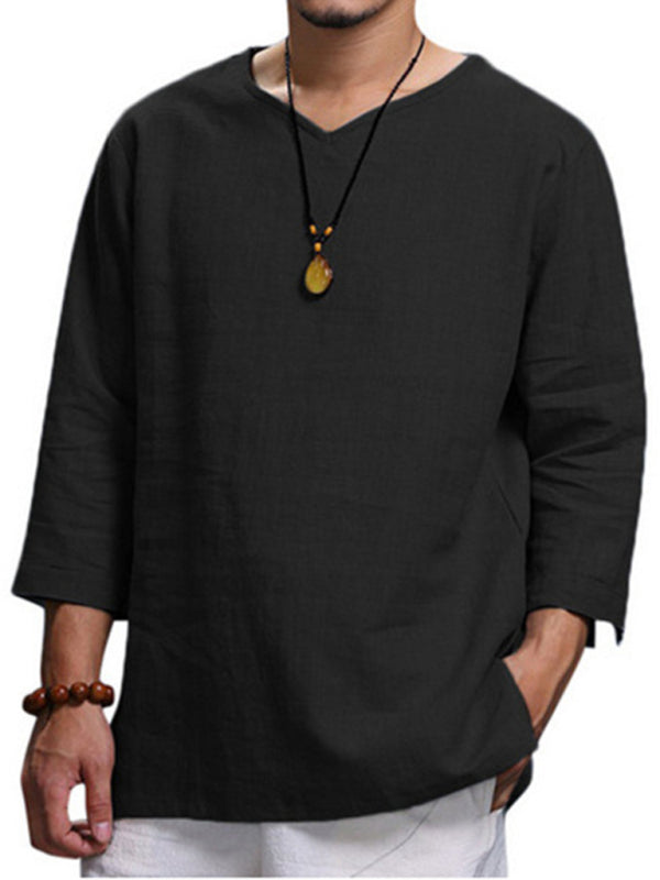 Men’s Long Sleeve V Neck Cotton Linen Loose Shirt
