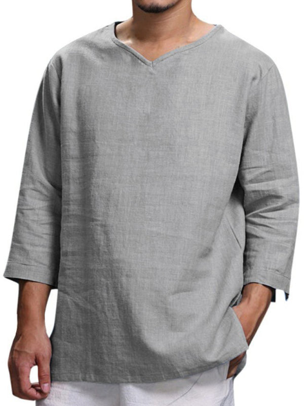 Men’s Long Sleeve V Neck Cotton Linen Loose Shirt