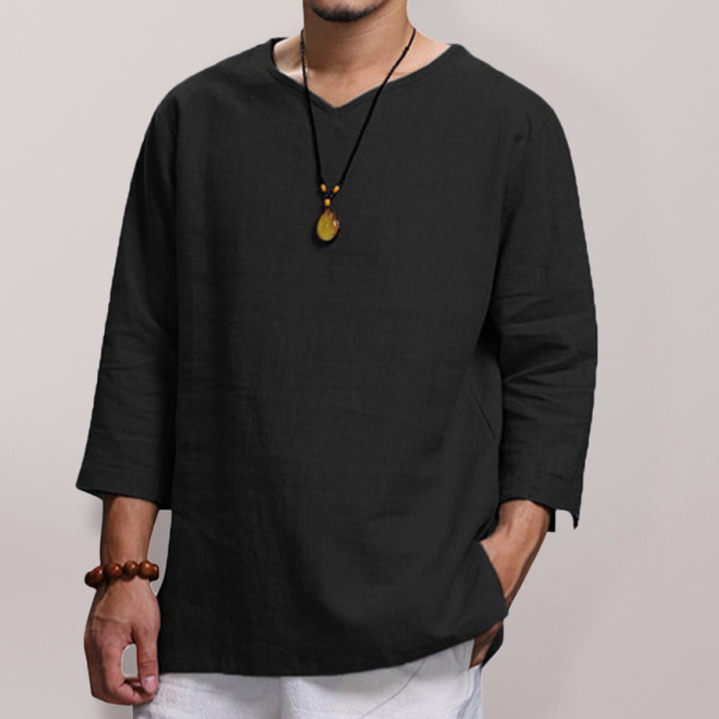 Men’s Long Sleeve V Neck Cotton Linen Loose Shirt - Black / M