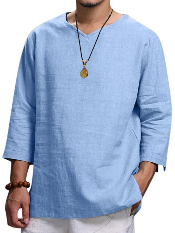 Men’s Long Sleeve V Neck Cotton Linen Loose Shirt - Blue / M