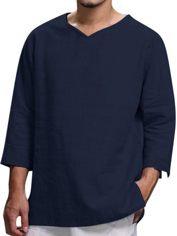 Men’s Long Sleeve V Neck Cotton Linen Loose Shirt - Champlain color / M